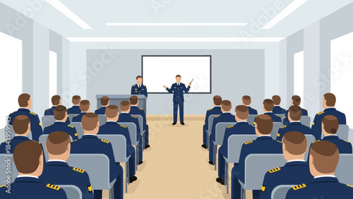 Military training seminar with officers in conference room