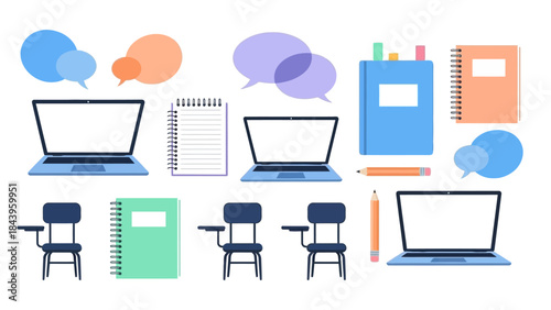 Educational tools: laptops, notebooks, school desks, and speech bubbles in modern flat design