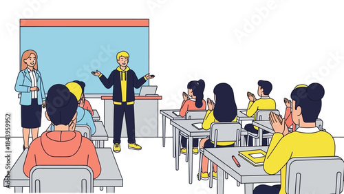 Classroom presentation with engaged students and teacher in modern flat design