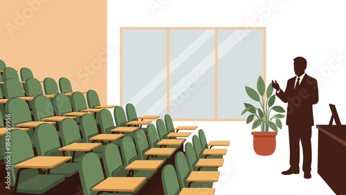 Professor presenting in a university lecture hall with modern classroom design and green seating