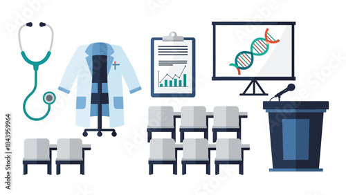 Medical conference elements: doctor tools and presentation set