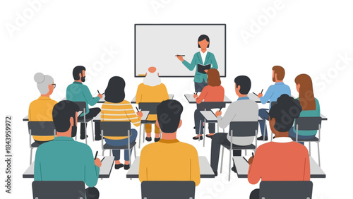 Classroom learning session with diverse adult students and teacher