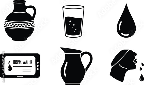 Flat design black silhouette close up water icon set showing pitcher glass droplet mobile drink reminder and person drinking in high contrast minimalist monochrome icons vector