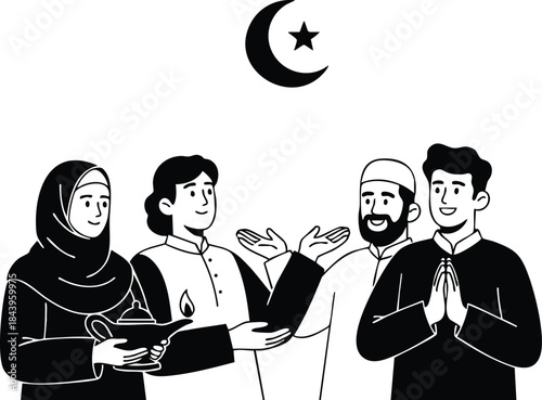 Line art front view diverse muslim friends smiling and greeting with crescent star above woman in hijab holding book man in cap praying joyful community scene