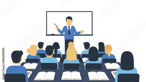Flat design classroom scene with teacher and students in lecture