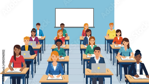 Diverse classroom setting with students studying at desks in modern educational environment