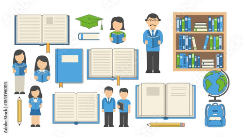 Educational icons collection: books, students, and school supplies in flat design