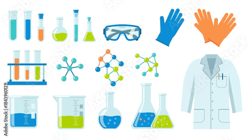 Laboratory equipment and chemistry symbols in flat design for science and education