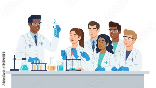 Diverse group of scientists in lab engaging in collaborative research