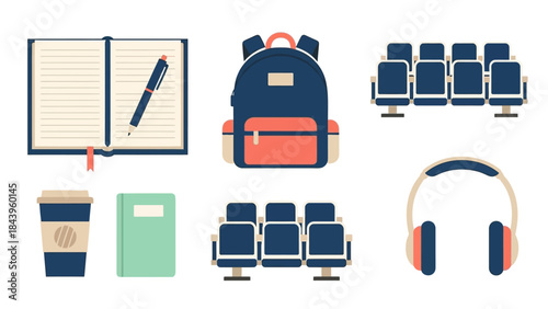 Stylish flat design education essentials with notebook, backpack, and headphones