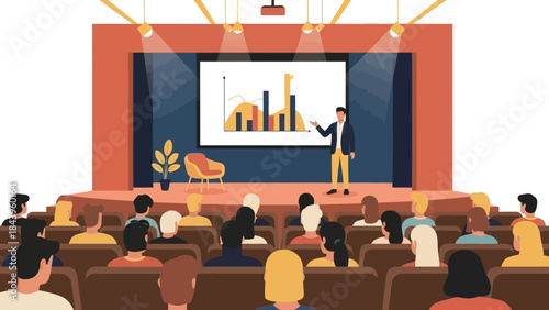 Business presentation in auditorium with audience watching charts on screen