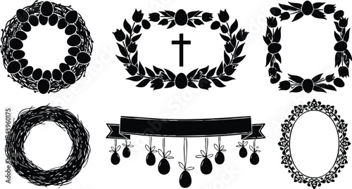 Silhouette ornamental wreath and frame set six decorative black laurel wreaths including central cross and dangling ornaments isolated vector art for memorial design print web branding