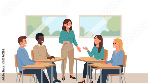 Diverse group of students engaging in classroom discussion with teacher guidance