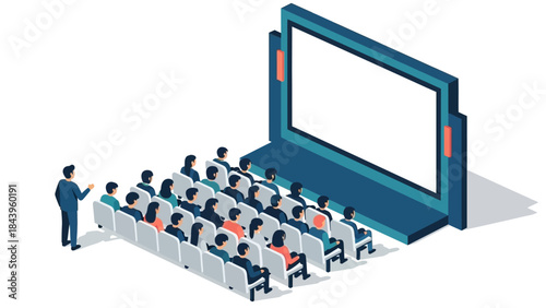 Isometric seminar presentation with audience seated in front of large screen