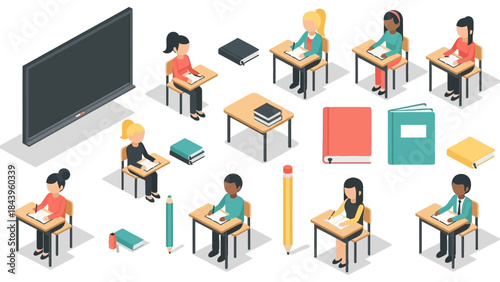 Isometric classroom with students and school supplies in flat design
