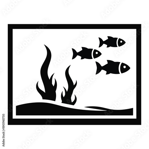 Black and white minimalist icon depicting three fish swimming in an aquarium with stylized aquatic plants