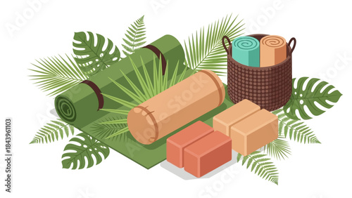 Isometric yoga props and tropical leaves: mat, bolster, blocks in natural setting