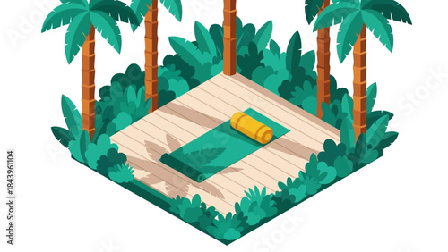Tropical yoga retreat in isometric style amidst palm trees