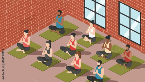 Diverse group practicing yoga in an urban studio isometric art