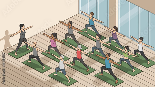 Group yoga class practicing warrior pose in a modern studio setting