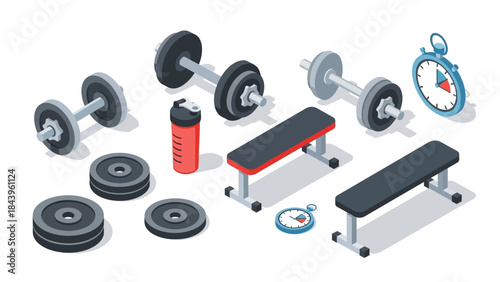 Isometric gym equipment set: barbells, benches, stopwatch, and weights for fitness design