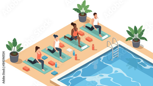 Group yoga exercise by the pool in isometric style with diverse participants