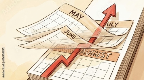A graphic depicting a calendar with months and a rising arrow, symbolizing growth or progress over time.
