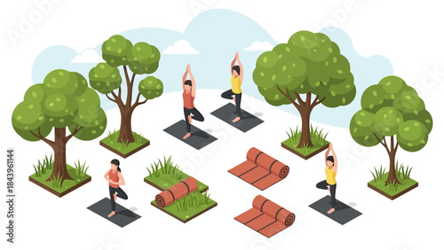 Isometric yoga practice in nature with trees and mats