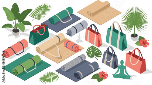 Colorful isometric yoga mats and bags with tropical plants and meditation scene