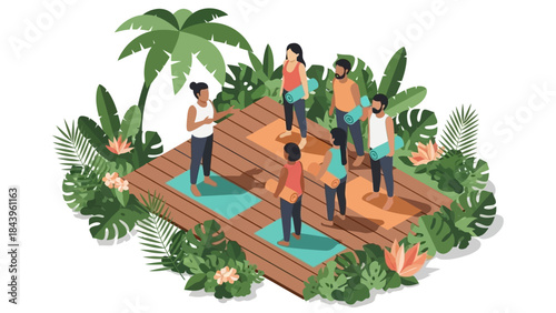 Yoga class in tropical garden with diverse group of people practicing outdoors