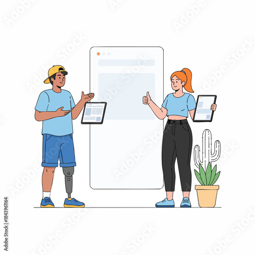 Diverse team presenting digital interface on tablet screens, showing inclusivity and technology.