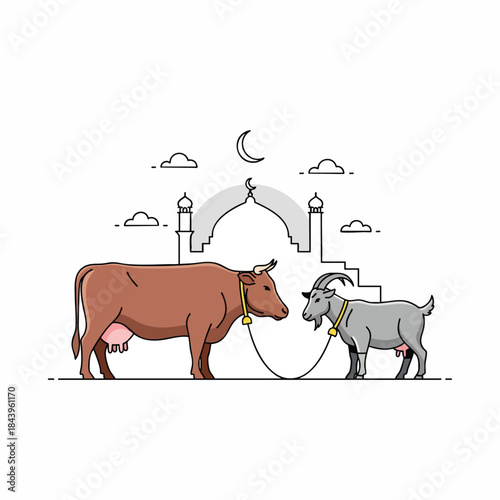 Eid al-Adha sacrifice animals: cow and goat with mosque illustration, Islamic holiday concept.