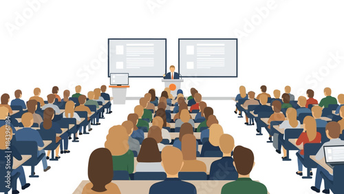 Conference presentation with speaker and audience in flat design classroom setting
