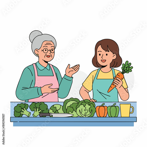 Elderly woman and young woman in aprons interacting happily while preparing fresh vegetables, promoting healthy eating and generational connection.