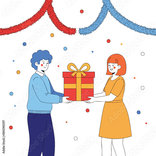 Man gives gift box to woman, celebration with confetti and garlands