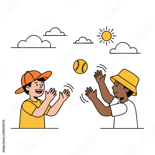 Two diverse children play catch with a baseball outside on a sunny day