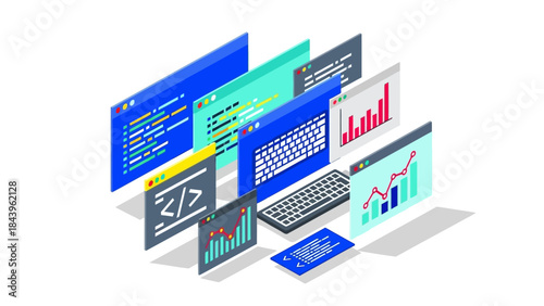 Isometric digital workspace with computer code and data analytics