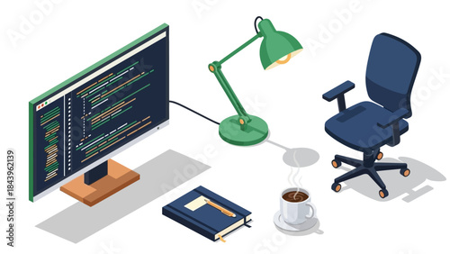 Modern isometric workspace with programming code, office chair, and coffee