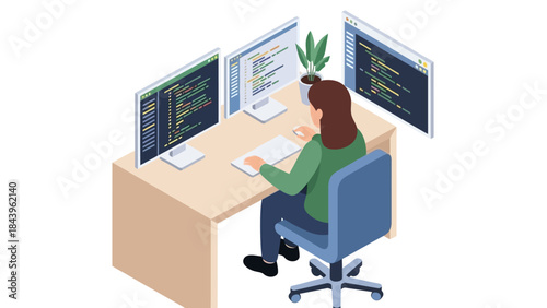 Isometric design of developer workspace with multi-screen setup and coding environment