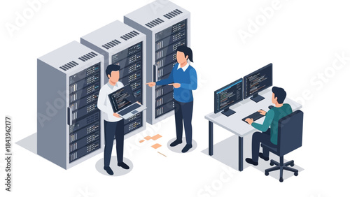 Isometric data center team collaborating on it solutions and server management