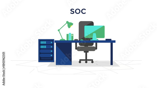 Modern office workspace with computer and desk accessories in flat design