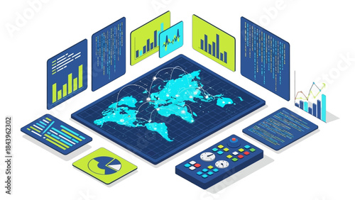Isometric global data analysis with futuristic technology interface and charts