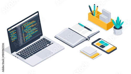 Modern workspace with laptop and office supplies in isometric design