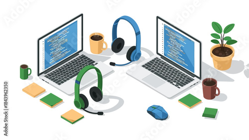 Isometric home office with laptops, headphones, and coffee cups