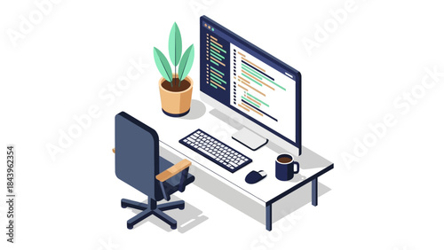 Modern workplace with computer monitor, code on screen, and office chair in isometric style