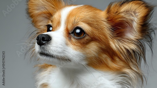 Adorable long-haired Chihuahua dog with fluffy orange and white fur looking sideways on gray background. Small breed pet portrait for veterinary care.