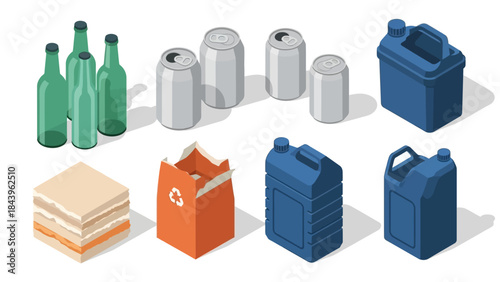 Isometric recycling icons: glass bottles, aluminum cans, and plastic jugs