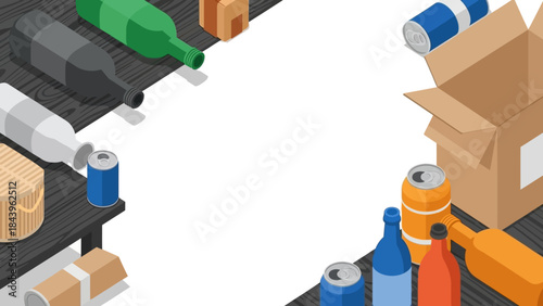 Isometric beverage bottles and cans with open cardboard box on shelves