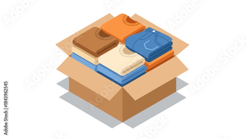Isometric cardboard box packed with folded clothes for moving or storage