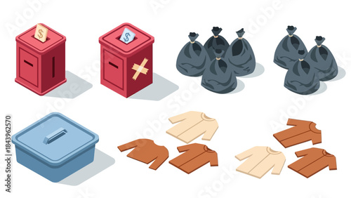 Donation and recycling concept with clothes, containers, and bags